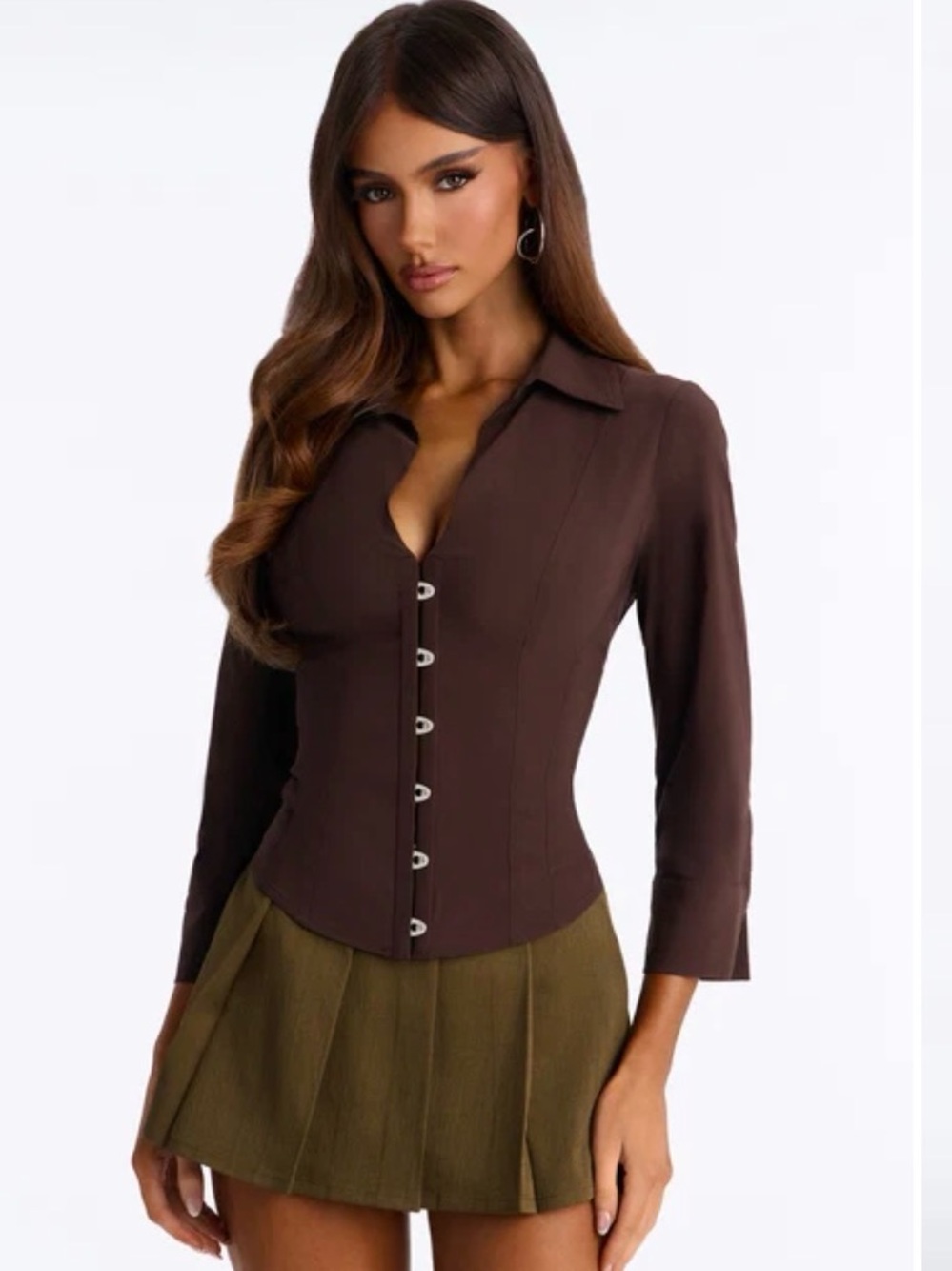 Women's Brown Fitted Button-Front Long Sleeve Top